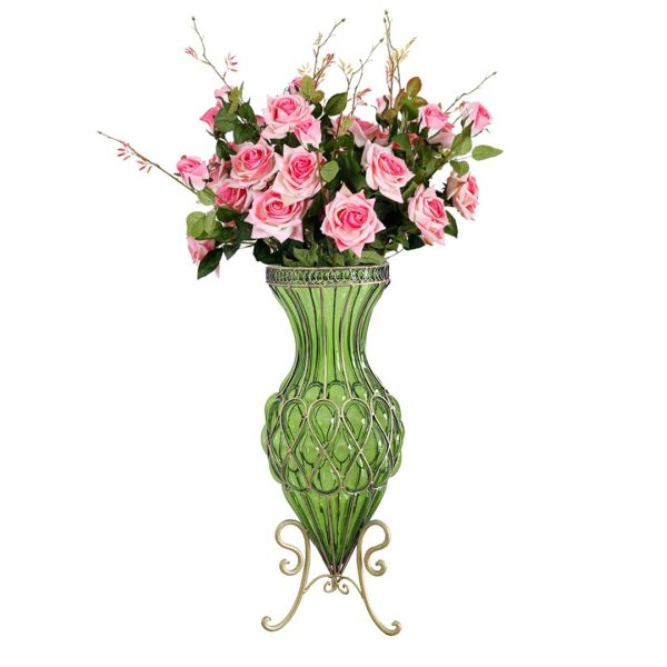 1-SOGA 67cm Green Glass Tall Floor Vase and 12pcs Pink Artificial Fake Flower Set
