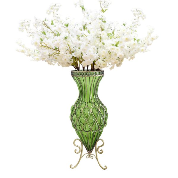 1-SOGA 67cm Green Glass Tall Floor Vase with 10pcs White Artificial Fake Flower Set