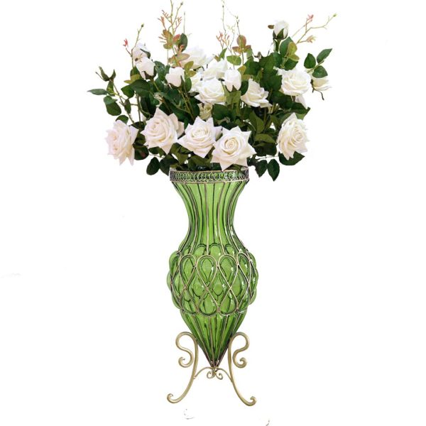 1-SOGA 67cm Green Glass Tall Floor Vase and 12pcs White Artificial Fake Flower Set