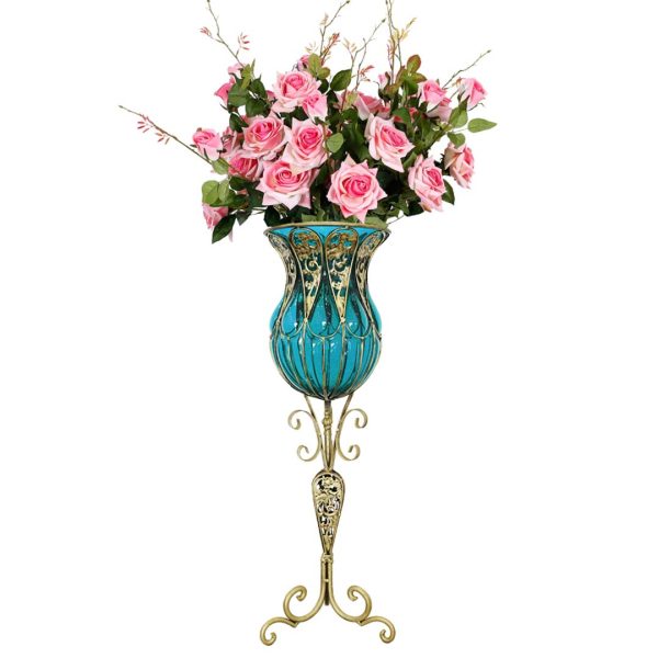 1-SOGA 85cm Blue Glass Tall Floor Vase and 12pcs Pink Artificial Fake Flower Set