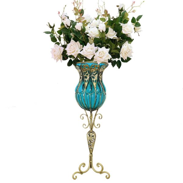 1-SOGA 85cm Blue Glass Tall Floor Vase and 12pcs White Artificial Fake Flower Set