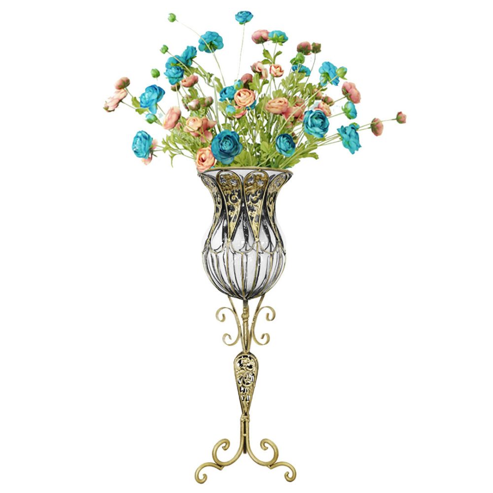1-SOGA 85cm Clear Glass Tall Floor Vase with 12pcs Artificial Fake Flower Set