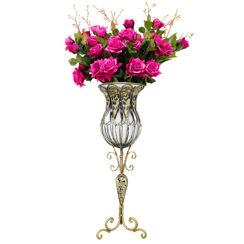 1-SOGA 85cm Clear Glass Tall Floor Vase with 12pcs Artificial Fake Flower Set