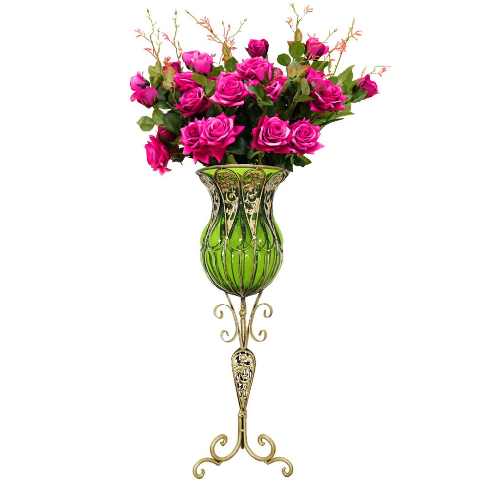 1-SOGA 85cm Green Glass Tall Floor Vase and 12pcs Dark Pink Artificial Fake Flower Set