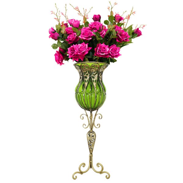 1-SOGA 85cm Green Glass Tall Floor Vase and 12pcs Dark Pink Artificial Fake Flower Set