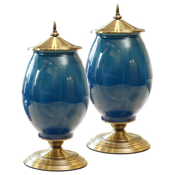 1-SOGA 2X 40cm Ceramic Oval Flower Vase with Gold Metal Base Dark Blue