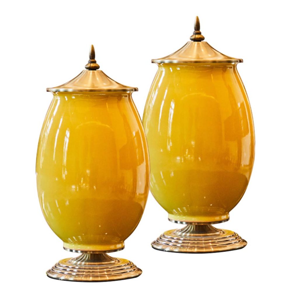 1-SOGA 2X 40cm Ceramic Oval Flower Vase with Gold Metal Base Yellow