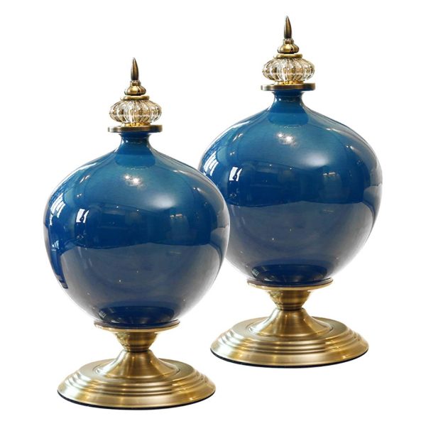 1-SOGA 2X 38cm Ceramic Oval Flower Vase with Gold Metal Base Dark Blue