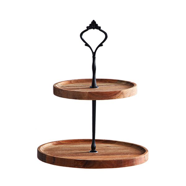 1-SOGA 15cm 2 Tier  Brown Round Wooden Acacia Dessert Tray Cake Snacks Cupcake Stand Buffet Serving Countertop Decor
