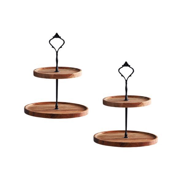 1-SOGA 2X 15cm 2 Tier  Brown Round Wooden Acacia Dessert Tray Cake Snacks Cupcake Stand Buffet Serving Countertop Decor