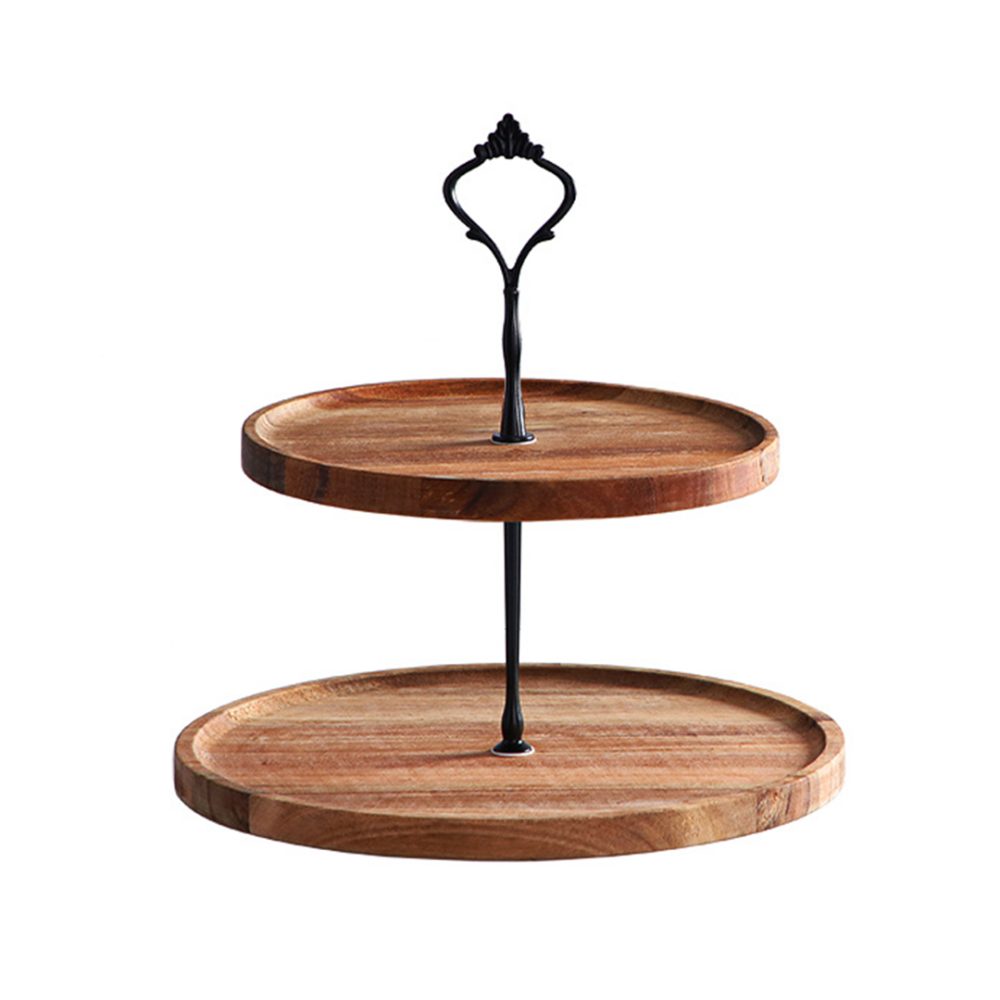 1-SOGA 20cm 2 Tier Brown  Round Wooden Acacia  Dessert Tray Cake Snacks Cupcake Stand Buffet Serving Countertop Decor
