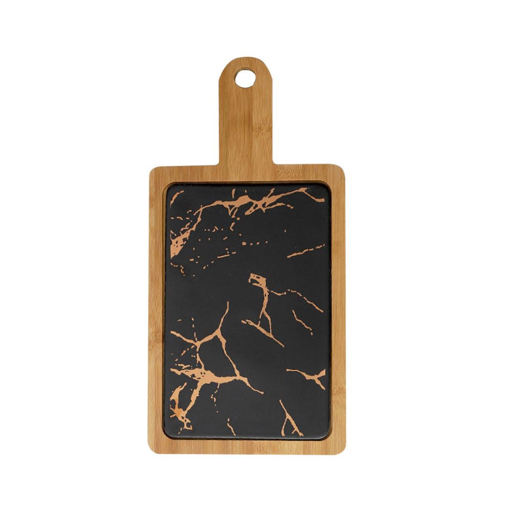 1-SOGA 33.5cm Black Square Wooden Serving Tray Slate Steak Serving Platter Chopping Board Paddle Home Decor