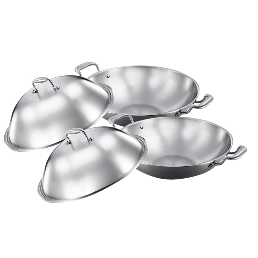 1-SOGA 2X 3-Ply 38cm Stainless Steel Double Handle Wok Frying Fry Pan Skillet with Lid