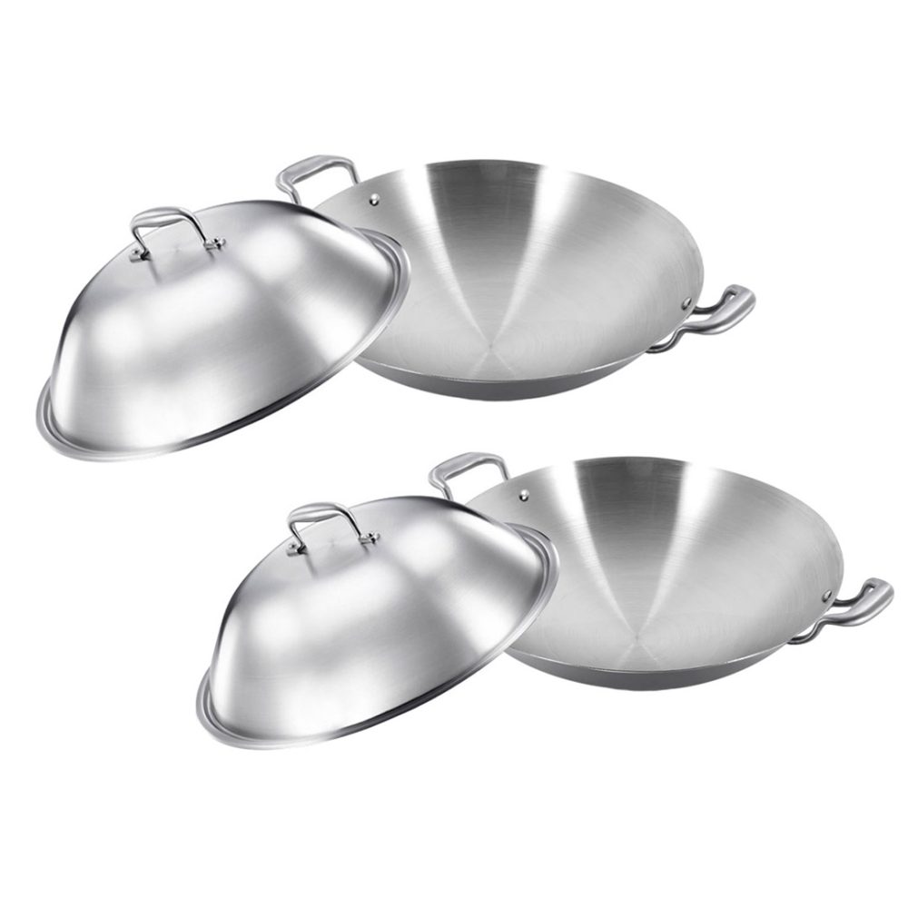 1-SOGA 2X 3-Ply 42cm Stainless Steel Double Handle Wok Frying Fry Pan Skillet with Lid