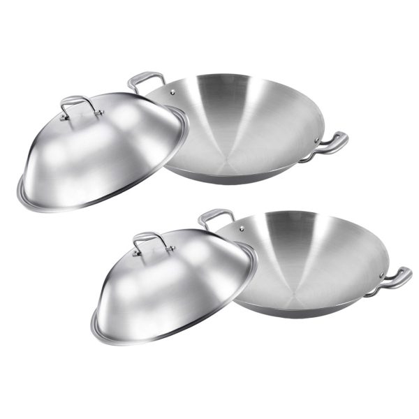 1-SOGA 2X 3-Ply 42cm Stainless Steel Double Handle Wok Frying Fry Pan Skillet with Lid