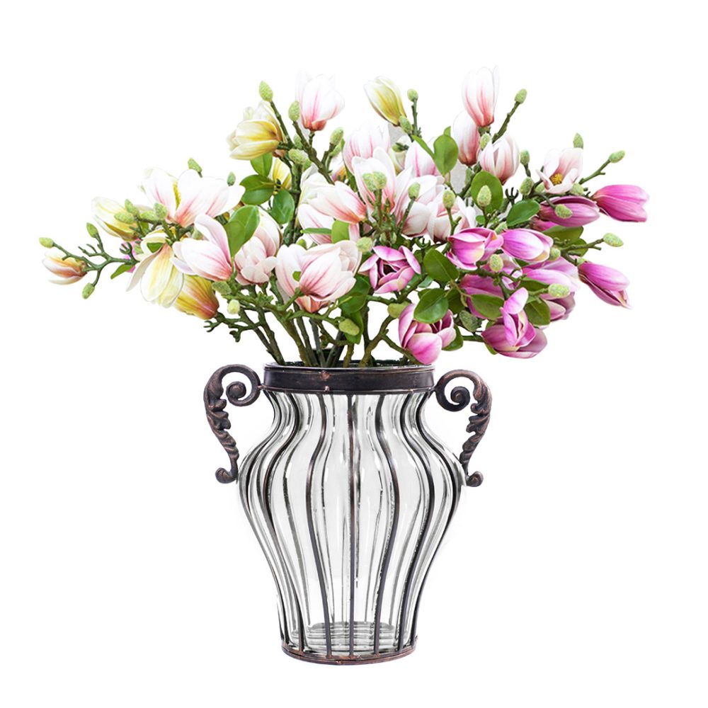 1-SOGA Clear Glass Flower Vase with 6 Bunch 4 Heads Artificial Fake Silk Magnolia denudata Home Decor Set