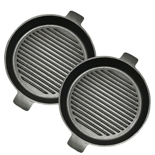 1-SOGA 2X 25cm Round Ribbed Cast Iron Frying Pan Skillet Steak Sizzle Platter with Handle