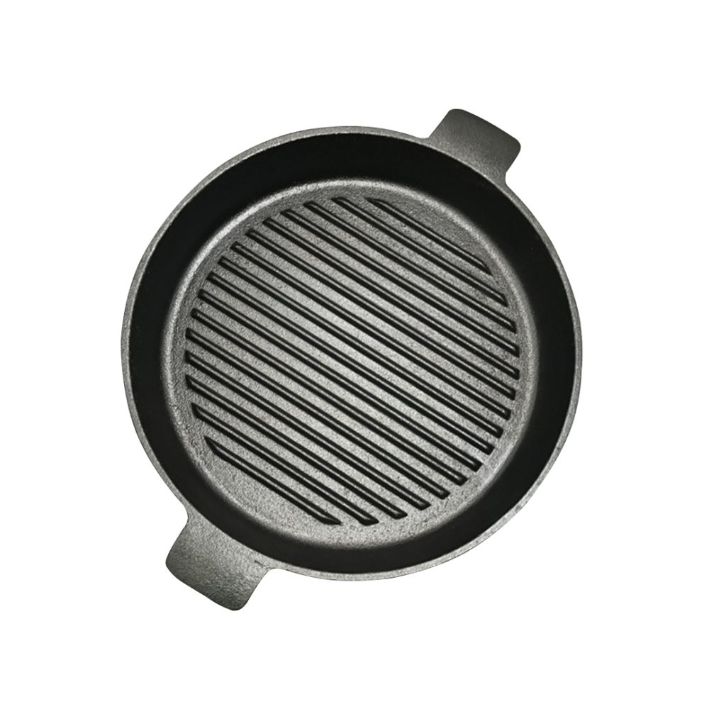1-SOGA 26cm Round Ribbed Cast Iron Frying Pan Skillet Steak Sizzle Platter with Handle