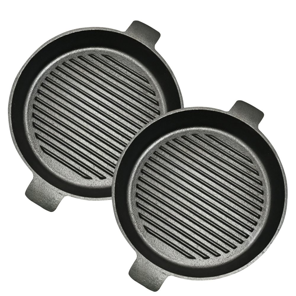 1-SOGA 2X 26cm Round Ribbed Cast Iron Frying Pan Skillet Steak Sizzle Platter with Handle