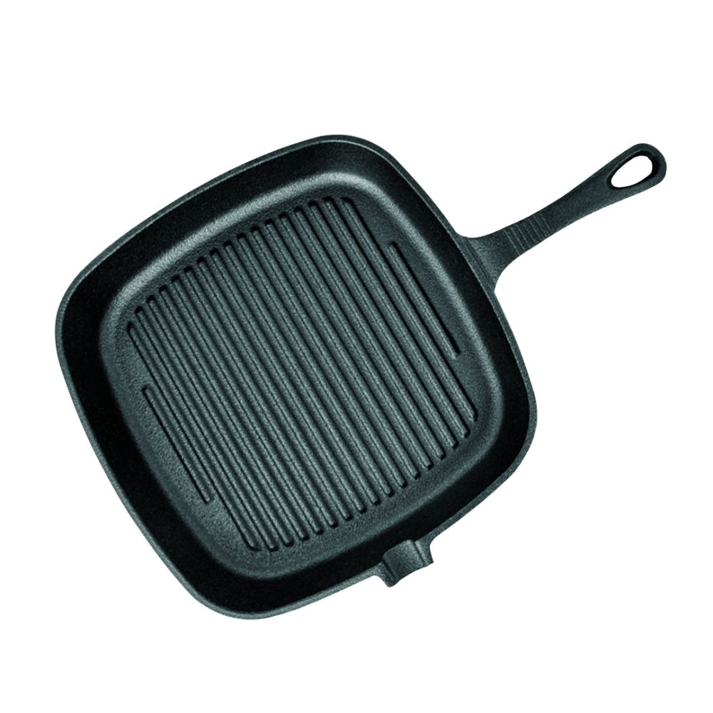 1-SOGA 23.5cm Square Ribbed Cast Iron Frying Pan Skillet Steak Sizzle Platter with Handle