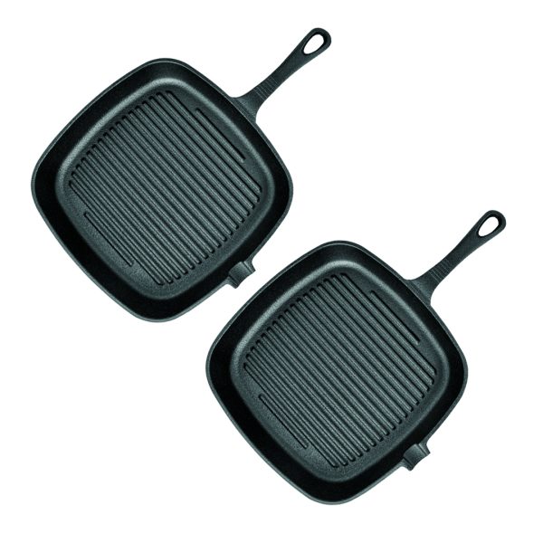 1-SOGA 2X 23.5cm Square Ribbed Cast Iron Frying Pan Skillet Steak Sizzle Platter with Handle