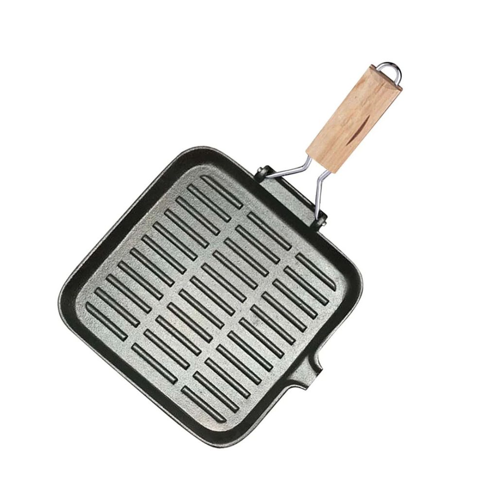 1-SOGA 24cm Ribbed Cast Iron Square Steak Frying Grill Skillet Pan with Folding Wooden Handle