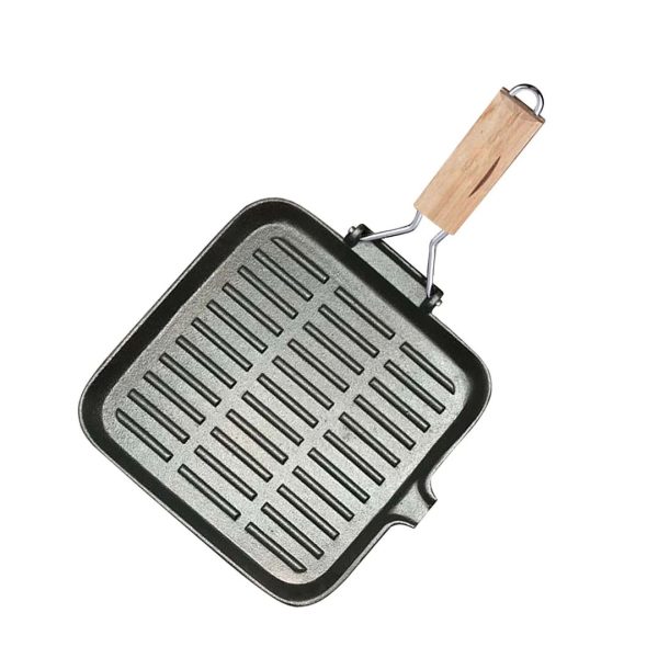 1-SOGA 24cm Ribbed Cast Iron Square Steak Frying Grill Skillet Pan with Folding Wooden Handle