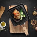 2-SOGA 2X 24cm Ribbed Cast Iron Square Steak Frying Grill Skillet Pan with Folding Wooden Handle