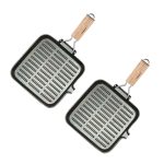 1-SOGA 2X 24cm Ribbed Cast Iron Square Steak Frying Grill Skillet Pan with Folding Wooden Handle