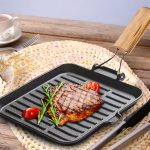 3-SOGA 2X 24cm Ribbed Cast Iron Square Steak Frying Grill Skillet Pan with Folding Wooden Handle