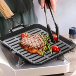 4-SOGA 2X 24cm Ribbed Cast Iron Square Steak Frying Grill Skillet Pan with Folding Wooden Handle