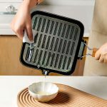 5-SOGA 2X 24cm Ribbed Cast Iron Square Steak Frying Grill Skillet Pan with Folding Wooden Handle