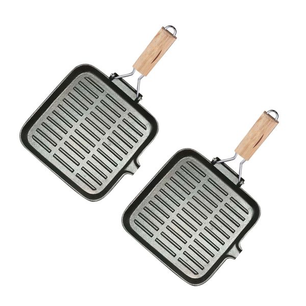 1-SOGA 2X 24cm Ribbed Cast Iron Square Steak Frying Grill Skillet Pan with Folding Wooden Handle