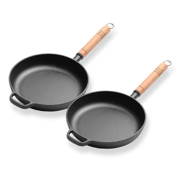 1-SOGA 2X 25cm Round Cast Iron Frying Pan Skillet Steak Sizzle Platter with Helper Handle