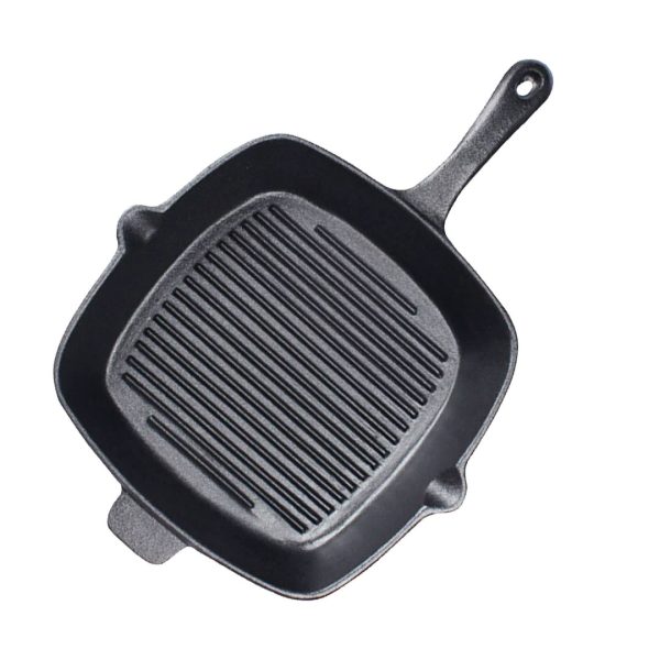 1-SOGA 26cm Square Ribbed Cast Iron Frying Pan Skillet Steak Sizzle Platter with Handle