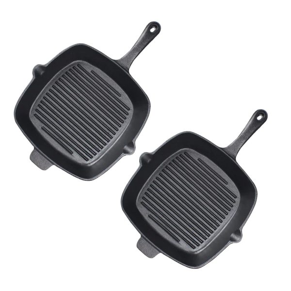 1-SOGA 2X 26cm Square Ribbed Cast Iron Frying Pan Skillet Steak Sizzle Platter with Handle