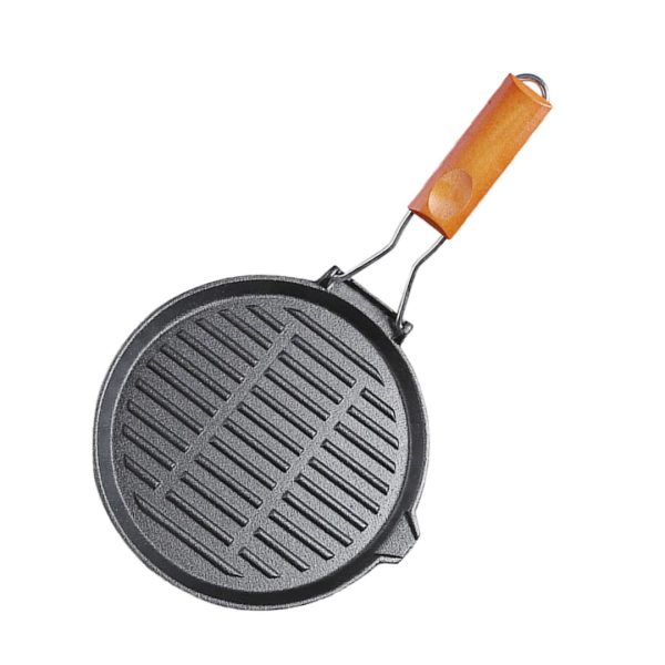 1-SOGA 24cm Round Ribbed Cast Iron Steak Frying Grill Skillet Pan with Folding Wooden Handle
