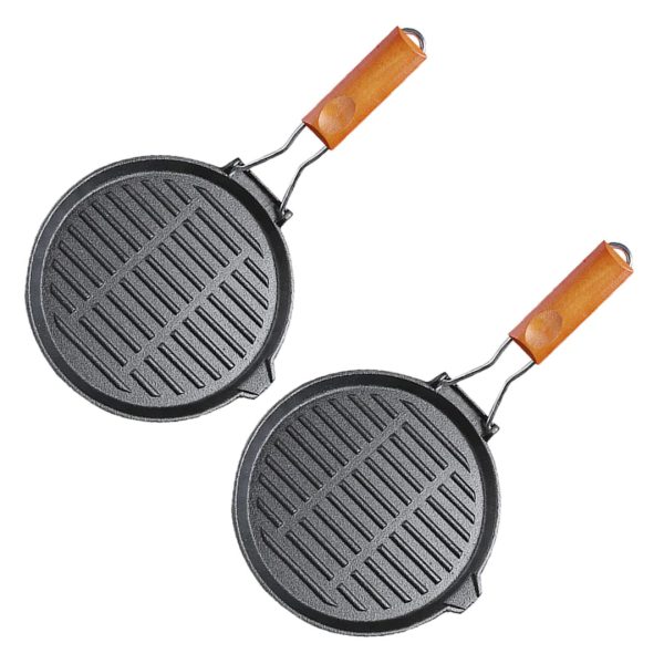 1-SOGA 2X 24cm Round Ribbed Cast Iron Steak Frying Grill Skillet Pan with Folding Wooden Handle