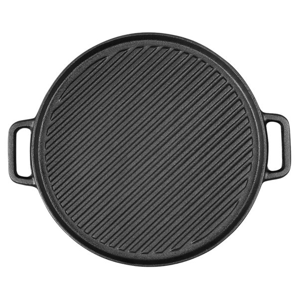 1-SOGA 30cm Round Cast Iron Ribbed BBQ Pan Skillet Steak Sizzle Platter with Handle