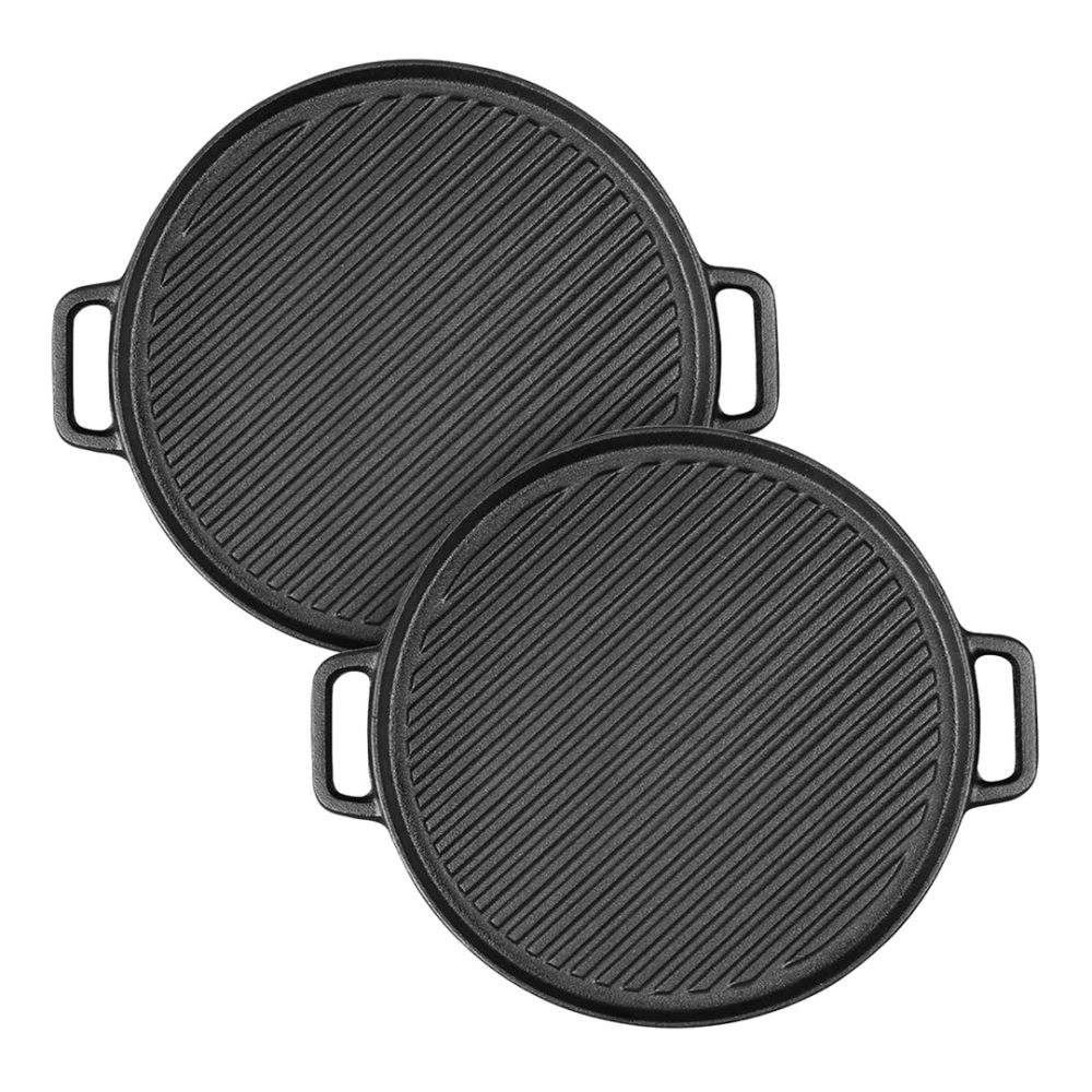 1-SOGA 2X 30cm Round Cast Iron Ribbed BBQ Pan Skillet Steak Sizzle Platter with Handle