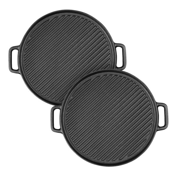 1-SOGA 2X 30cm Round Cast Iron Ribbed BBQ Pan Skillet Steak Sizzle Platter with Handle