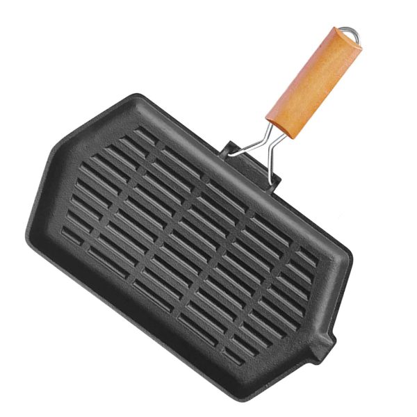 1-SOGA Rectangular Cast Iron Griddle Grill Frying Pan with Folding Wooden Handle