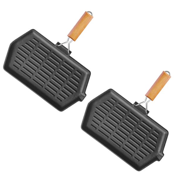 1-SOGA 2X Rectangular Cast Iron Griddle Grill Frying Pan with Folding Wooden Handle
