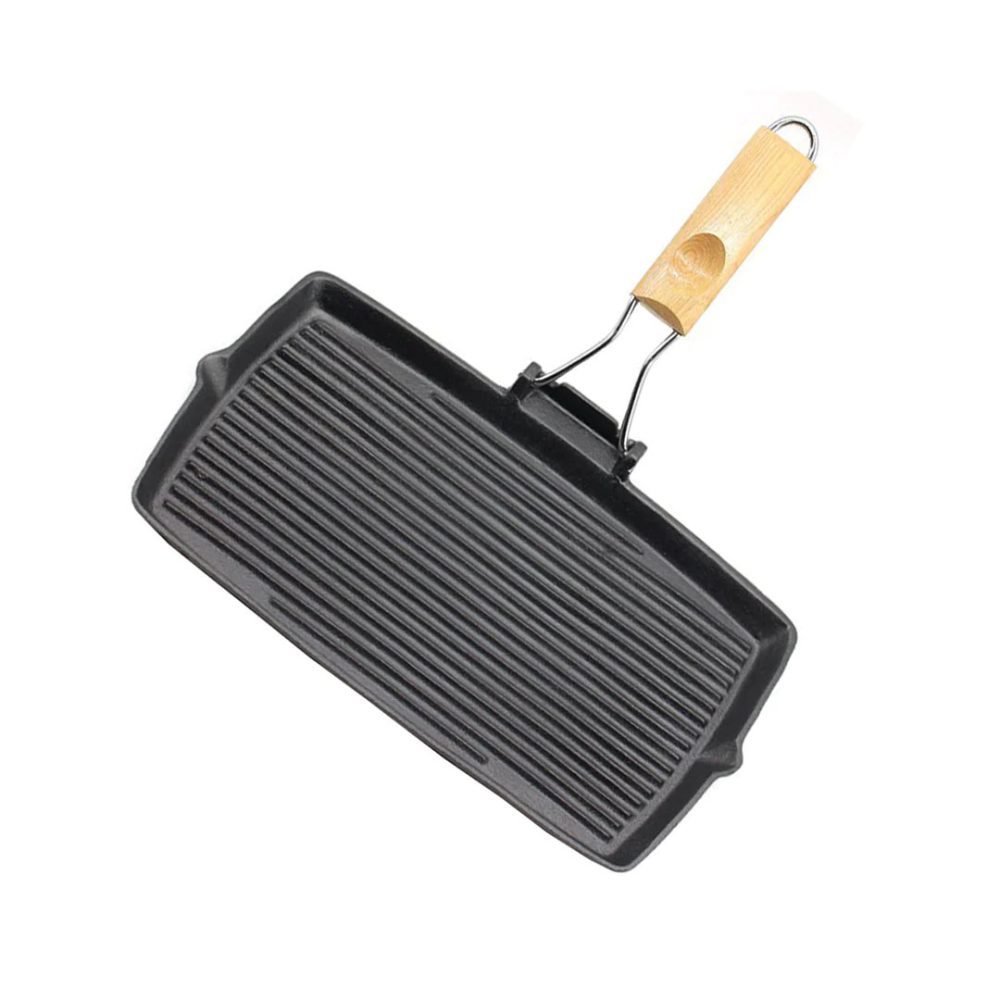 1-SOGA 20.5cm Rectangular Cast Iron Griddle Grill Frying Pan with Folding Wooden Handle