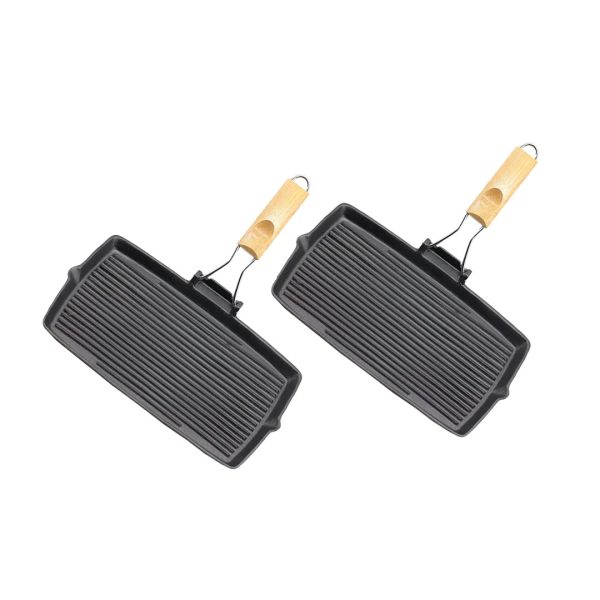 1-SOGA 2X 20.5cm Rectangular Cast Iron Griddle Grill Frying Pan with Folding Wooden Handle