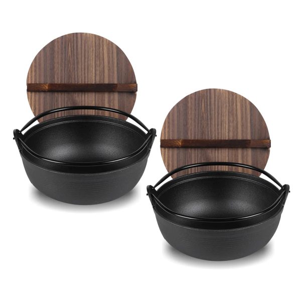 1-SOGA 2X 25cm Cast Iron Japanese Style Sukiyaki Tetsu Nabe Shabu Hot Pot with Wooden Lid