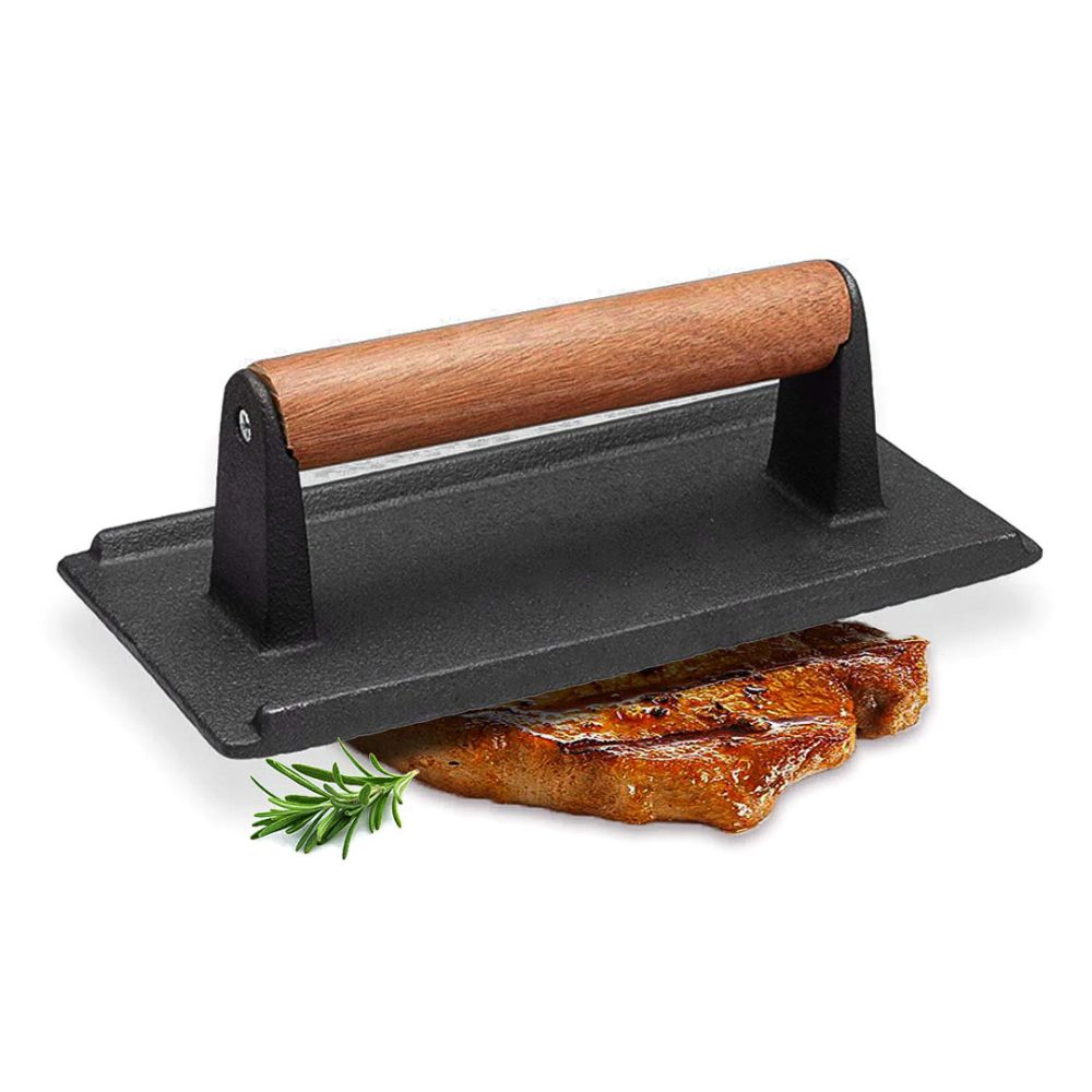 1-SOGA Cast Iron Bacon Meat Steak Press Grill BBQ with Wood Handle Weight Plate