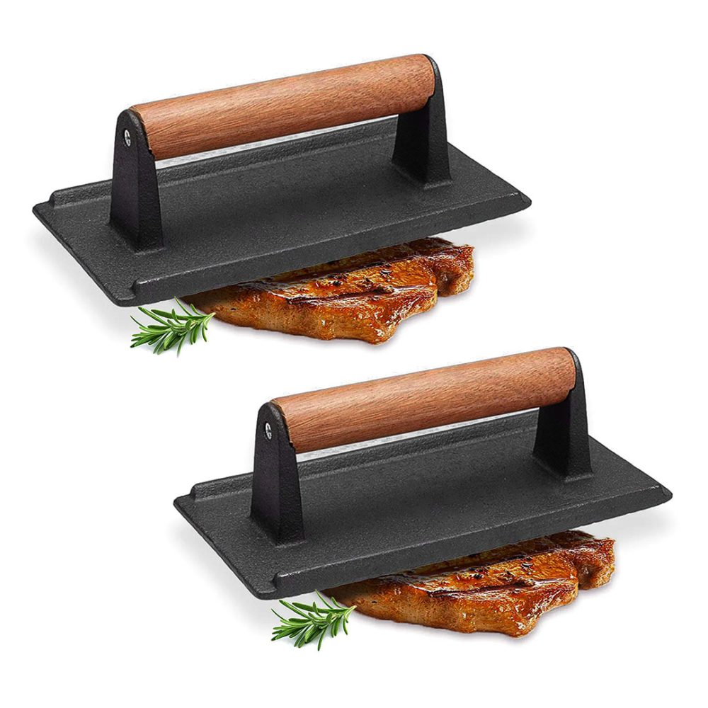 1-SOGA 2X Cast Iron Bacon Meat Steak Press Grill BBQ with Wood Handle Weight Plate