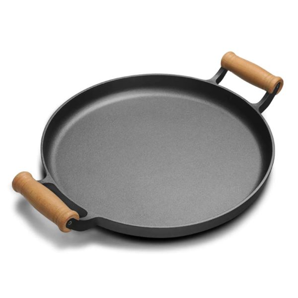 1-SOGA 35cm Cast Iron Frying Pan Skillet Steak Sizzle Fry Platter With Wooden Handle No Lid
