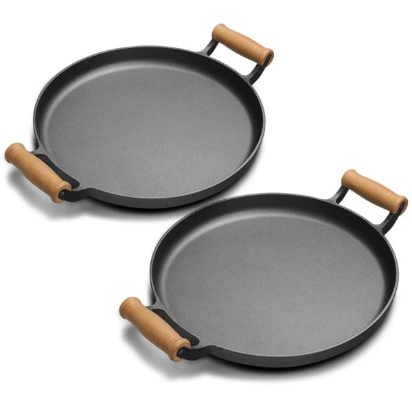 1-SOGA 2X 35cm Cast Iron Frying Pan Skillet Steak Sizzle Fry Platter With Wooden Handle No Lid